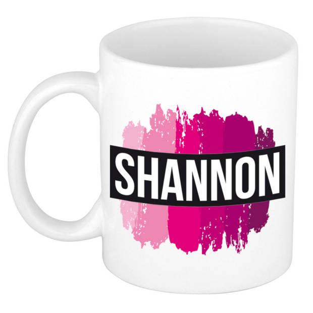 Shannon naam / voornaam kado beker / mok roze verfstrepen - Gepersonaliseerde mok met naam - Naam mokken