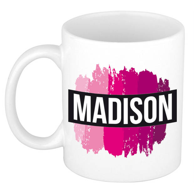Madison naam / voornaam kado beker / mok roze verfstrepen - Gepersonaliseerde mok met naam - Naam mokken