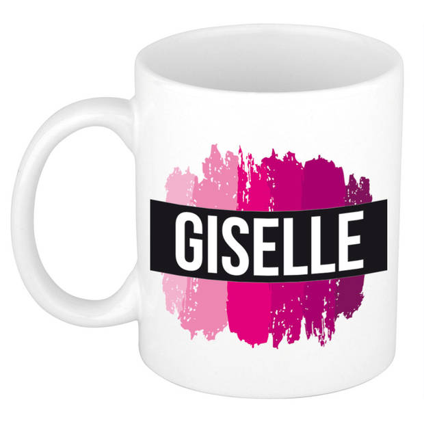Giselle naam / voornaam kado beker / mok roze verfstrepen - Gepersonaliseerde mok met naam - Naam mokken