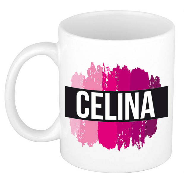 Celina naam / voornaam kado beker / mok roze verfstrepen - Gepersonaliseerde mok met naam - Naam mokken