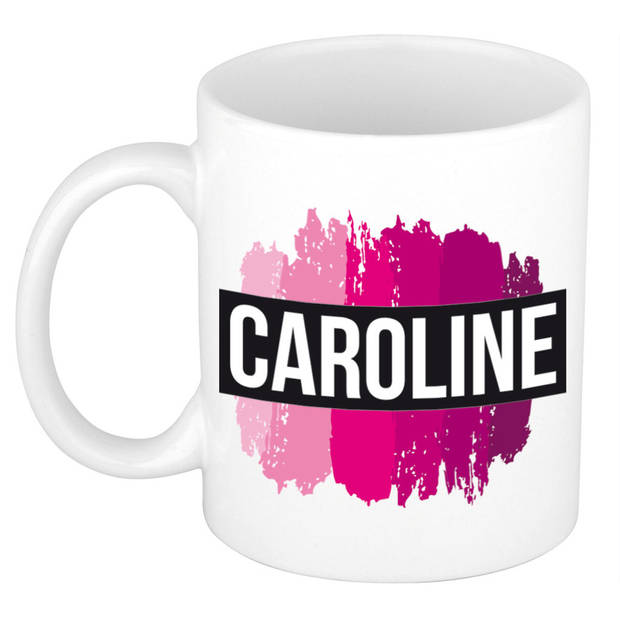 Caroline naam / voornaam kado beker / mok roze verfstrepen - Gepersonaliseerde mok met naam - Naam mokken