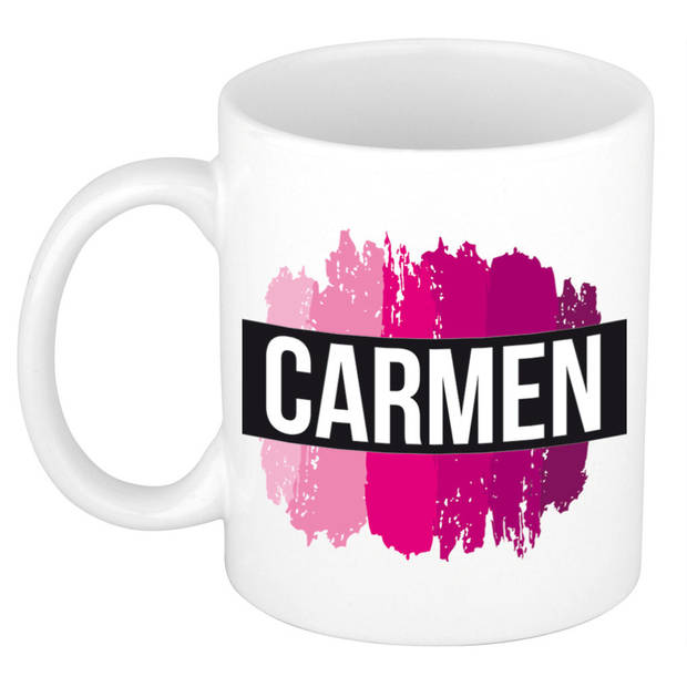 Carmen naam / voornaam kado beker / mok roze verfstrepen - Gepersonaliseerde mok met naam - Naam mokken