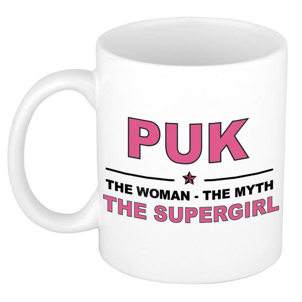 Naam cadeau mok/ beker Puk The woman, The myth the supergirl 300 ml - Naam mokken
