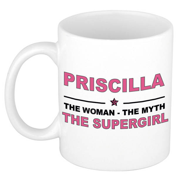 Naam cadeau mok/ beker Priscilla The woman, The myth the supergirl 300 ml - Naam mokken