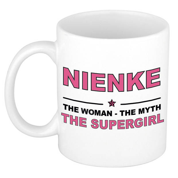 Naam cadeau mok/ beker Nienke The woman, The myth the supergirl 300 ml - Naam mokken