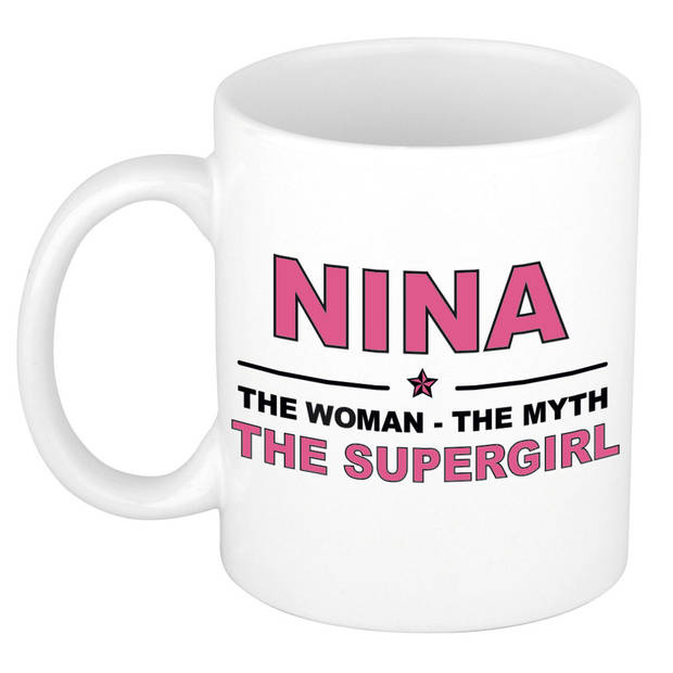 Naam cadeau mok/ beker Nina The woman, The myth the supergirl 300 ml - Naam mokken