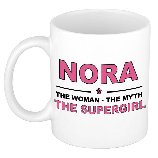 Naam cadeau mok/ beker Nora The woman, The myth the supergirl 300 ml - Naam mokken
