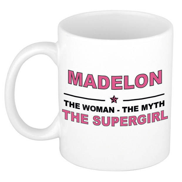 Naam cadeau mok/ beker Madelon The woman, The myth the supergirl 300 ml - Naam mokken
