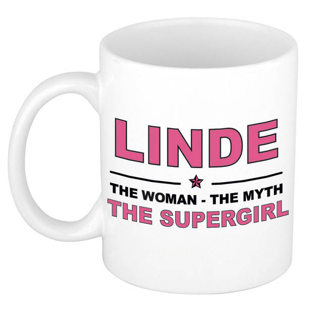 Naam cadeau mok/ beker Linde The woman, The myth the supergirl 300 ml - Naam mokken