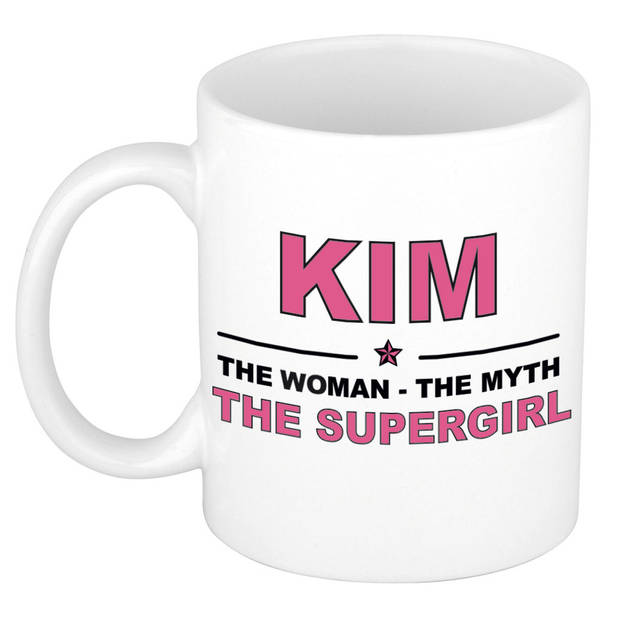 Naam cadeau mok/ beker Kim The woman, The myth the supergirl 300 ml - Naam mokken