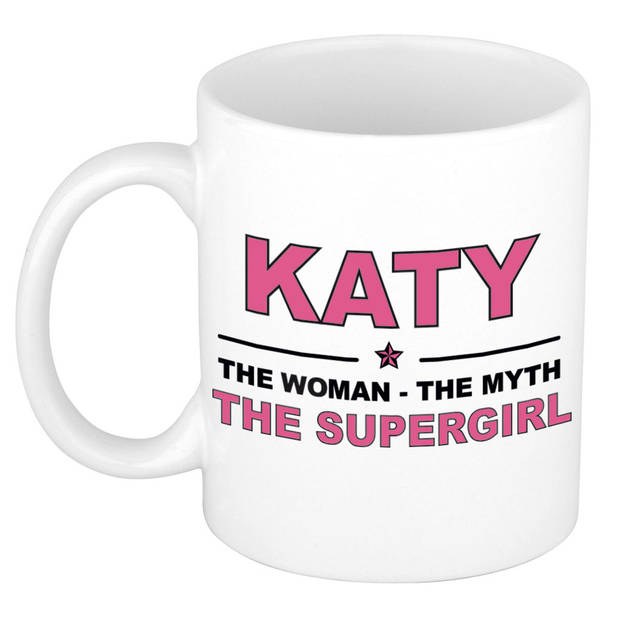 Naam cadeau mok/ beker Katy The woman, The myth the supergirl 300 ml - Naam mokken