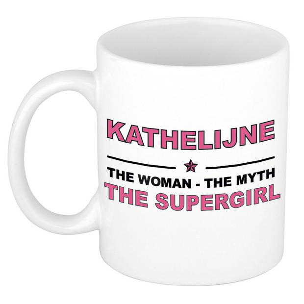 Naam cadeau mok/ beker Kathelijne The woman, The myth the supergirl 300 ml - Naam mokken