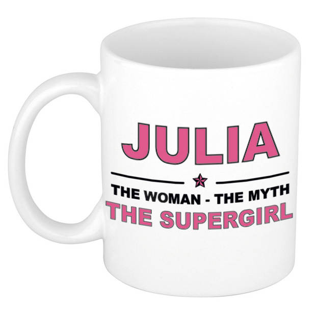 Naam cadeau mok/ beker Julia The woman, The myth the supergirl 300 ml - Naam mokken