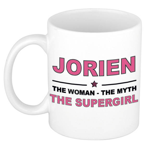 Naam cadeau mok/ beker Jorien The woman, The myth the supergirl 300 ml - Naam mokken