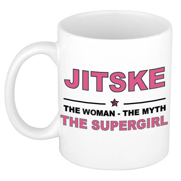 Naam cadeau mok/ beker Jitske The woman, The myth the supergirl 300 ml - Naam mokken