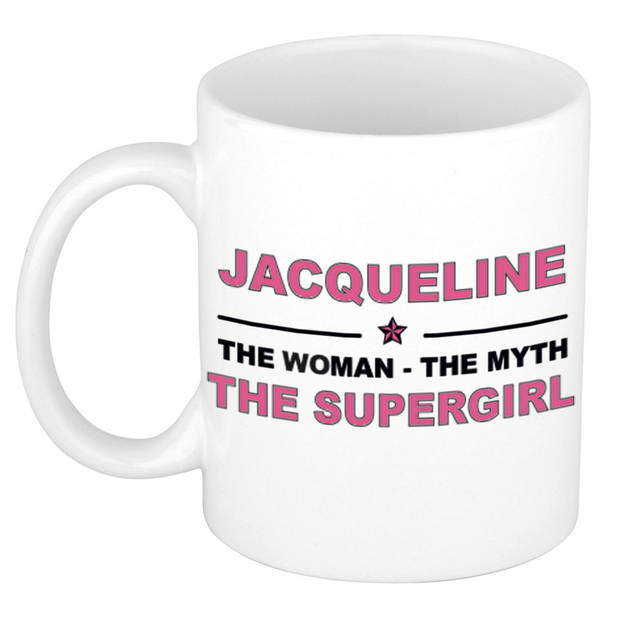 Naam cadeau mok/ beker Jacqueline The woman, The myth the supergirl 300 ml - Naam mokken