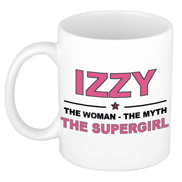 Naam cadeau mok/ beker Izzy The woman, The myth the supergirl 300 ml - Naam mokken