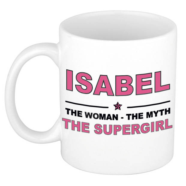 Naam cadeau mok/ beker Isabel The woman, The myth the supergirl 300 ml - Naam mokken