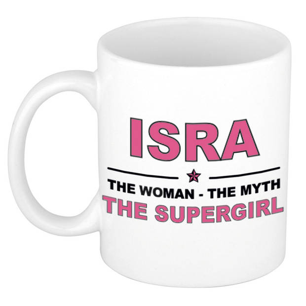 Naam cadeau mok/ beker Isra The woman, The myth the supergirl 300 ml - Naam mokken