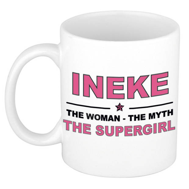 Naam cadeau mok/ beker Ineke The woman, The myth the supergirl 300 ml - Naam mokken