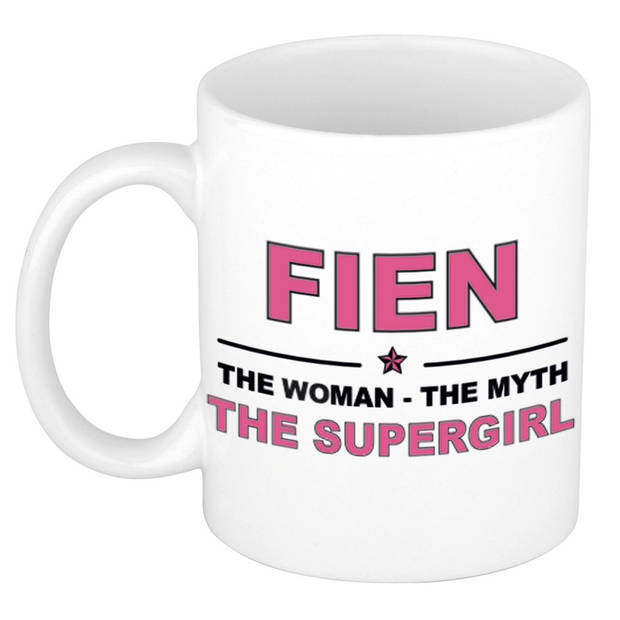 Naam cadeau mok/ beker Fien The woman, The myth the supergirl 300 ml - Naam mokken
