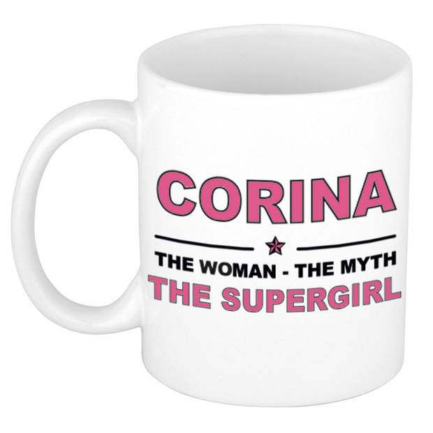 Naam cadeau mok/ beker Corina The woman, The myth the supergirl 300 ml - Naam mokken