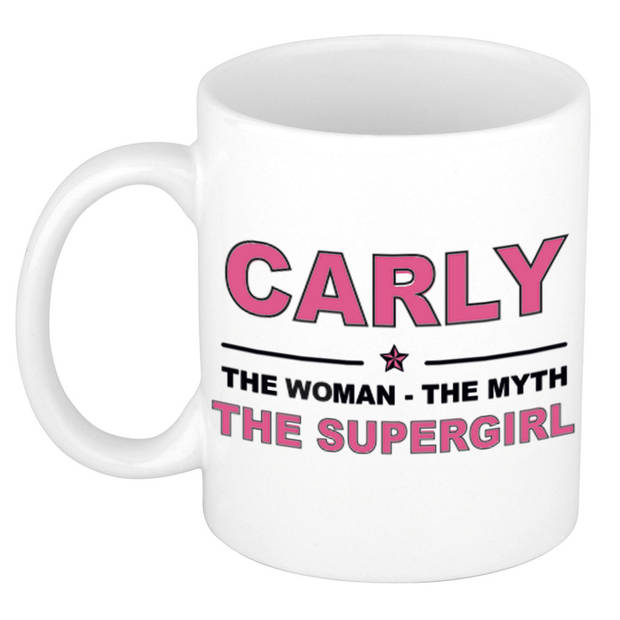 Naam cadeau mok/ beker Carly The woman, The myth the supergirl 300 ml - Naam mokken