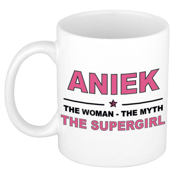 Naam cadeau mok/ beker Aniek The woman, The myth the supergirl 300 ml - Naam mokken