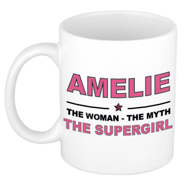 Naam cadeau mok/ beker Amelie The woman, The myth the supergirl 300 ml - Naam mokken