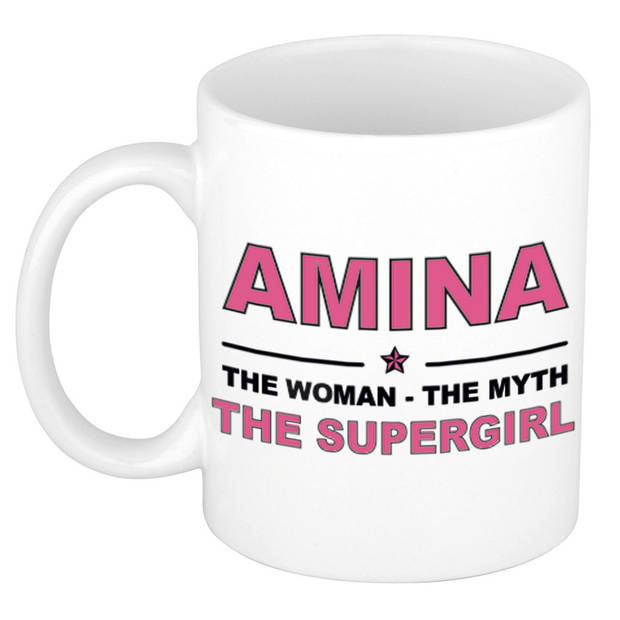 Naam cadeau mok/ beker Amina The woman, The myth the supergirl 300 ml - Naam mokken