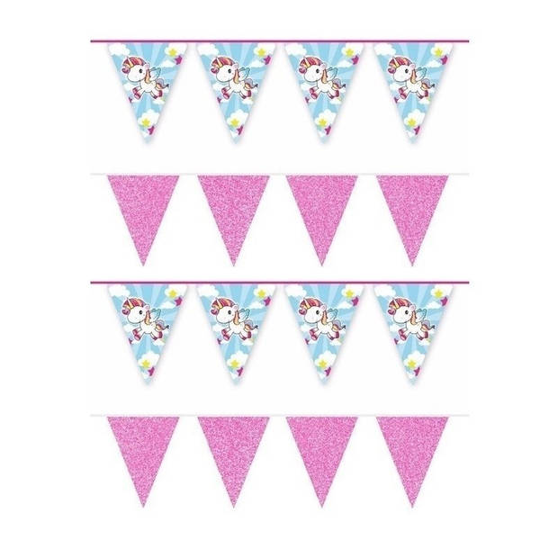 4x Eenhoorn thema vlaggenlijnen print en roze glitters kinderfeestje/kinderpartijtje versiering/decoratie - Vlaggenlijne