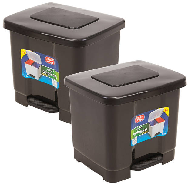 2x stuks dubbele afvalemmer/vuilnisemmer donkergrijs 35 liter met deksel en pedaal - Pedaalemmers