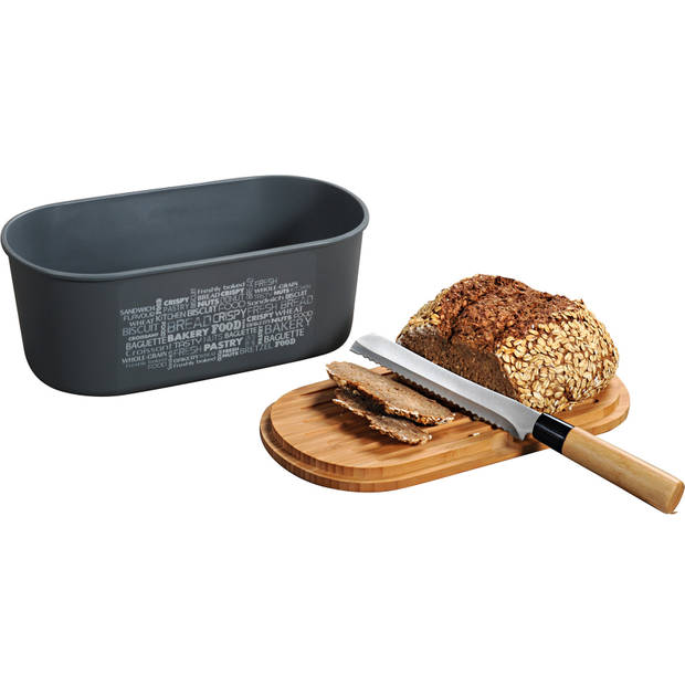 Grijze brood bewaarbak/bewaardoos met bamboe houten snijplank deksel - Broodtrommels