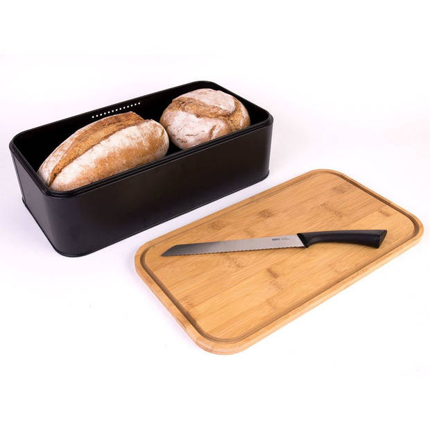 Metalen broodtrommel zwart met houten deksel 42,5 cm - Broodtrommels