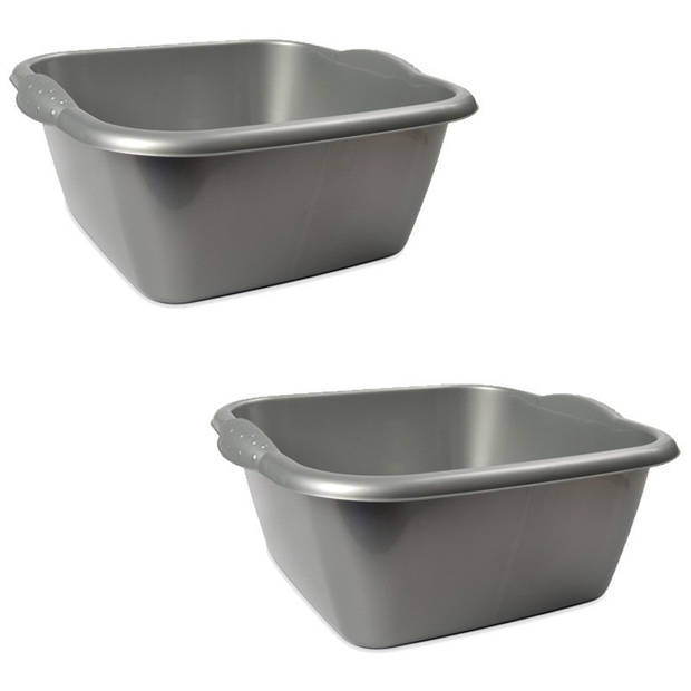 2x Rechthoekig afwasteiltje/emmertje zilver 3 liter 25 x 10 cm schoonmaakartikelen - Afwasbak