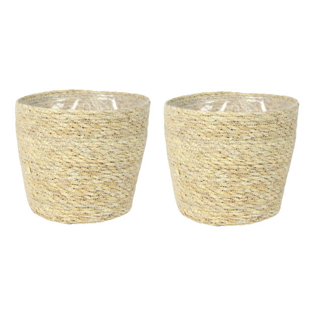 Set van 2x stuks plantenpot/bloempot van jute/zeegras diameter 18 cm en hoogte 16 cm creme beige - Plantenpotten