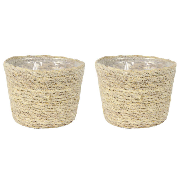 Set van 2x stuks plantenpot/bloempot van jute/zeegras diameter 13 cm en hoogte 10 cm creme beige - Plantenpotten