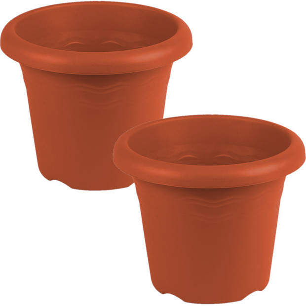 Set van 2x stuks terra cotta ronde plantenpotten/bloempotten kunststof diameter 14 cm - Plantenpotten