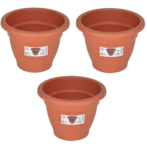 Set van 2x stuks terra cotta kleur ronde plantenpot/bloempot kunststof diameter 16 cm - Plantenpotten