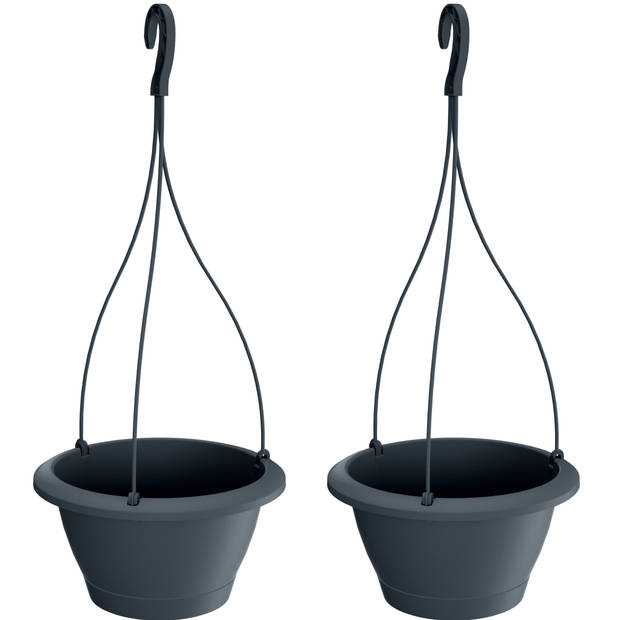 2x Antraciet kunststof hangende Respana bloempotten/plantenpotten 23 cm met kunststof haak - Plantenpotten