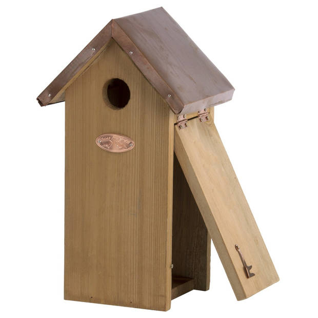 Vogelhuisjes/nestkastje koolmees koperen dak 30 cm met kijkluik - Vogelhuisjes