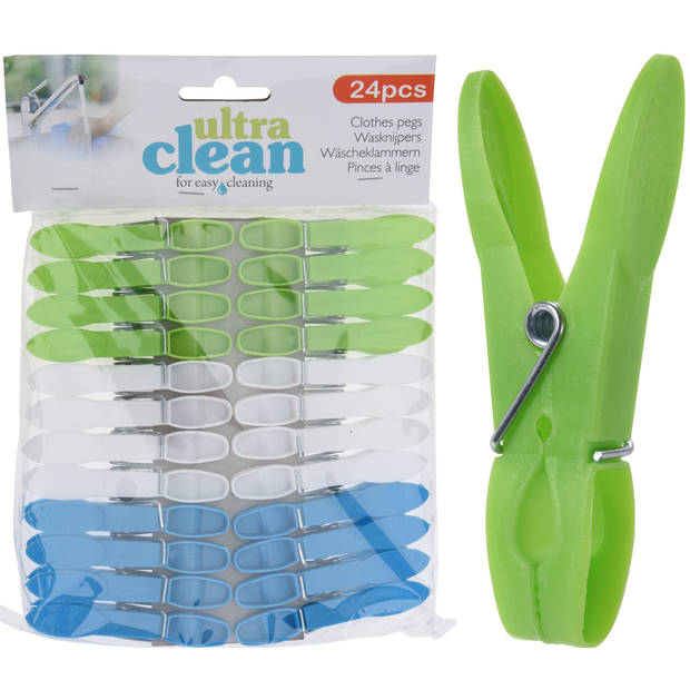 24x Wasgoedknijpers groen/blauw/wit van kunststof 7,5 cm - Knijpers