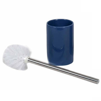 Wc/toiletborstel inclusief houder blauw/zilver 37 cm van RVS/keramiek - Toiletborstels