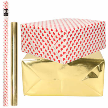 4x Rollen kraft inpakpapier liefde/rode hartjes pakket - metallic goud 200 x 70/50 cm - Cadeaupapier