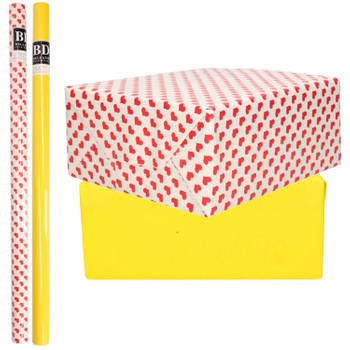 6x Rollen kraft inpakpapier liefde/rode hartjes pakket - geel 200 x 70 cm - Cadeaupapier
