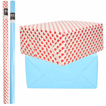 4x Rollen kraft inpakpapier liefde/rode hartjes pakket - blauw 200 x 70 cm - Cadeaupapier