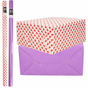 4x Rollen kraft inpakpapier liefde/rode hartjes pakket - paars 200 x 70 cm - Cadeaupapier