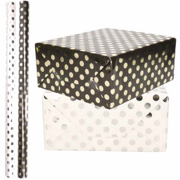8x Rollen luxe folie inpakpapier zilveren/gouden stippen pakket - wit/zwart 200 x 70 cm - Cadeaupapier