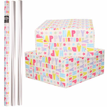 6x Rollen kraft inpakpapier happy birthday pakket - transparante folie 200 x 70 cm - Cadeaupapier