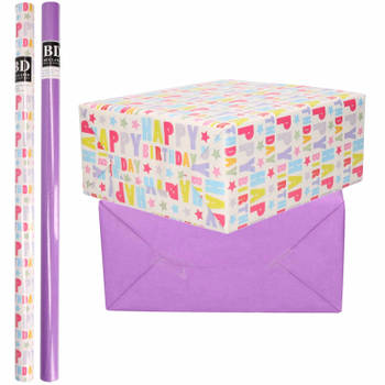 4x Rollen kraft inpakpapier happy birthday pakket - paars 200 x 70 cm - Cadeaupapier